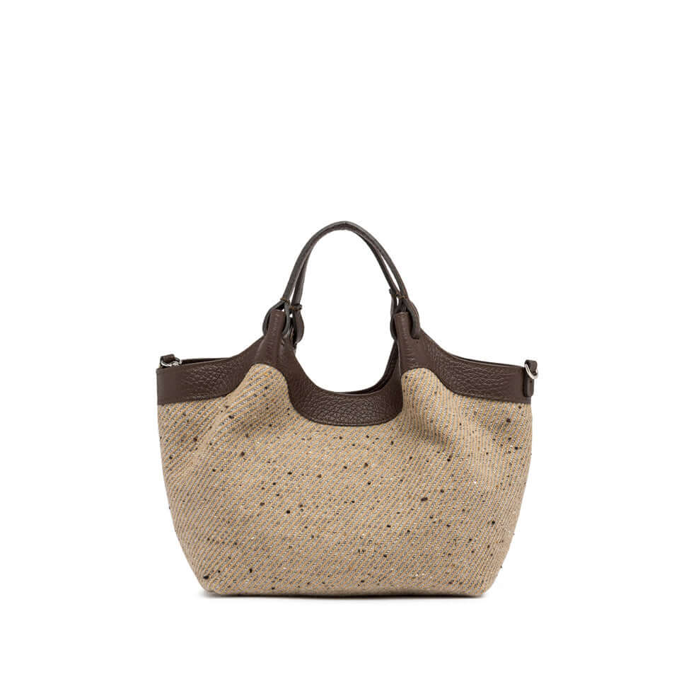 DUA woven wool handbag with leather handles, versatile for hand or shoulder carry, dimensions 24x27x12 cm.