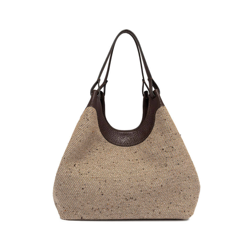 Borsa DUA in tessuto lana intrecciato con profili in pelle martellata e doppi manici, color crème.