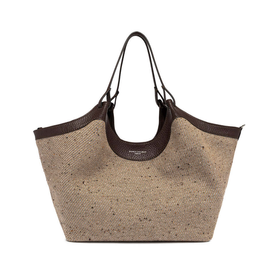 Borsa DUA in tessuto lana intrecciato, con profili in pelle martellata e doppi manici, pratica e essenziale.