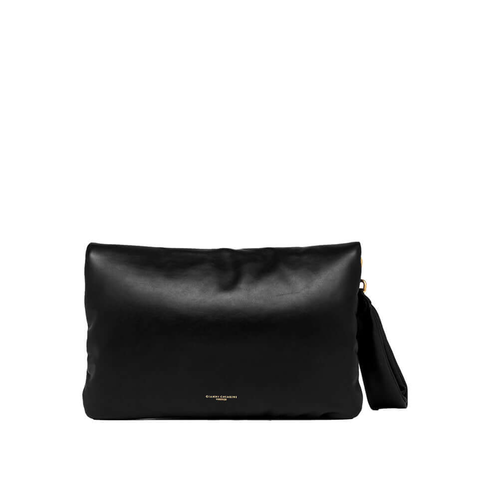 Elegant black leather pochette Mirea by Gianni Chiarini with logo detail and woven strap for versatile carrying.