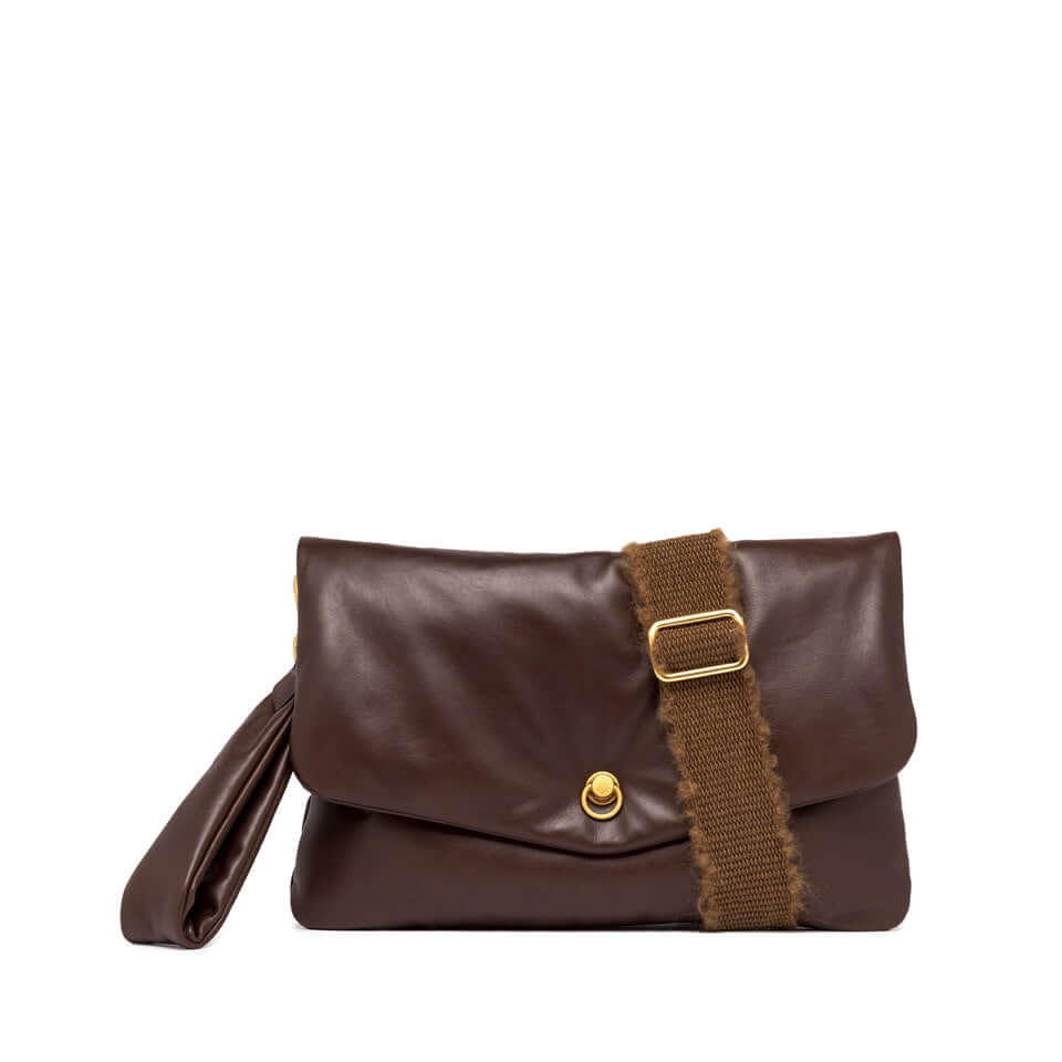 Mirea pochette by Gianni Chiarini, brown soft leather clutch with gold logo detail and woven strap.