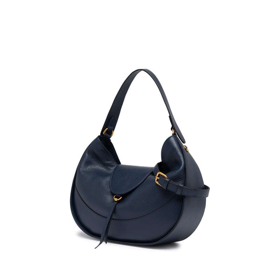 Borsa EDITH di Gianni Chiarini, in pelle martellata, blu scuro, design versatile e sofisticato, con tracolla removibile.