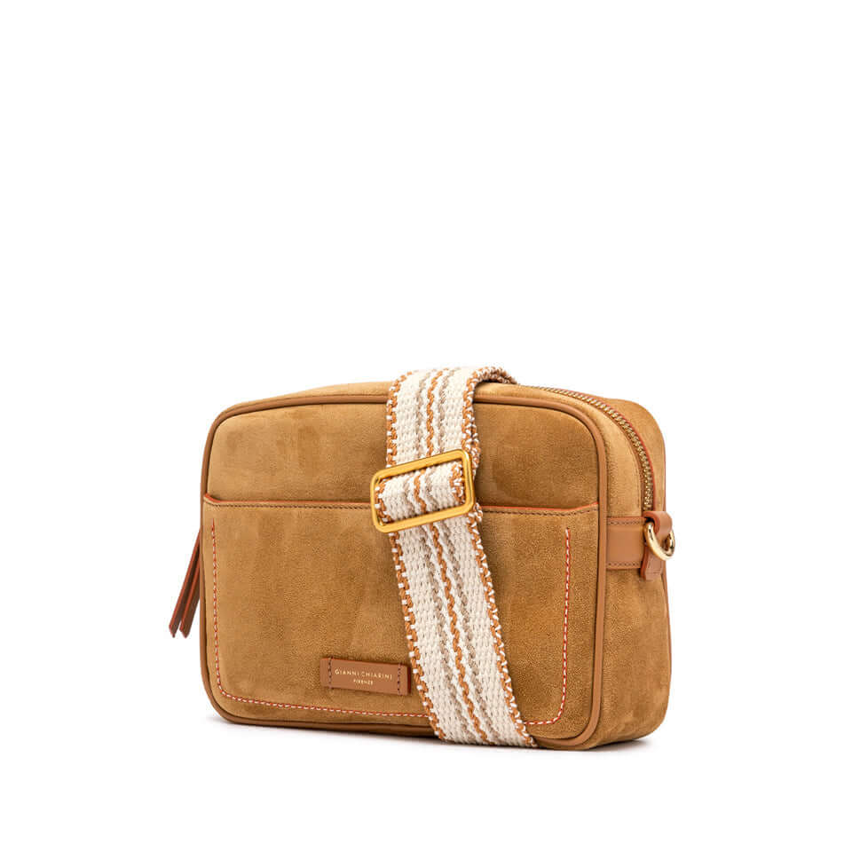 Nina by Gianni Chiarini Firenze, chic suede crossbody bag with decorative woven strap, 25x19x8 cm, square shape.