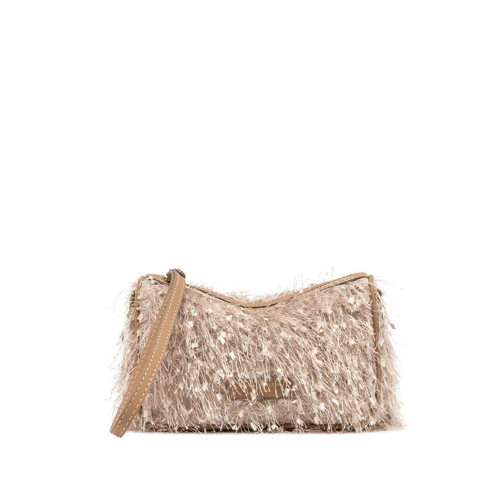 Nora Pouch by Gianni Chiarini, textured fabric bag with fringe and glitter, featuring adjustable leather strap.