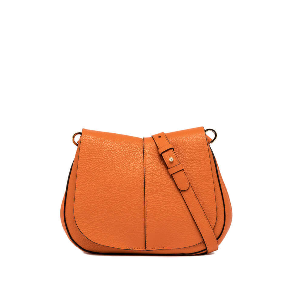Helena Round icon bag in orange leather with adjustable strap and stylish design for shoulder and crossbody wear.