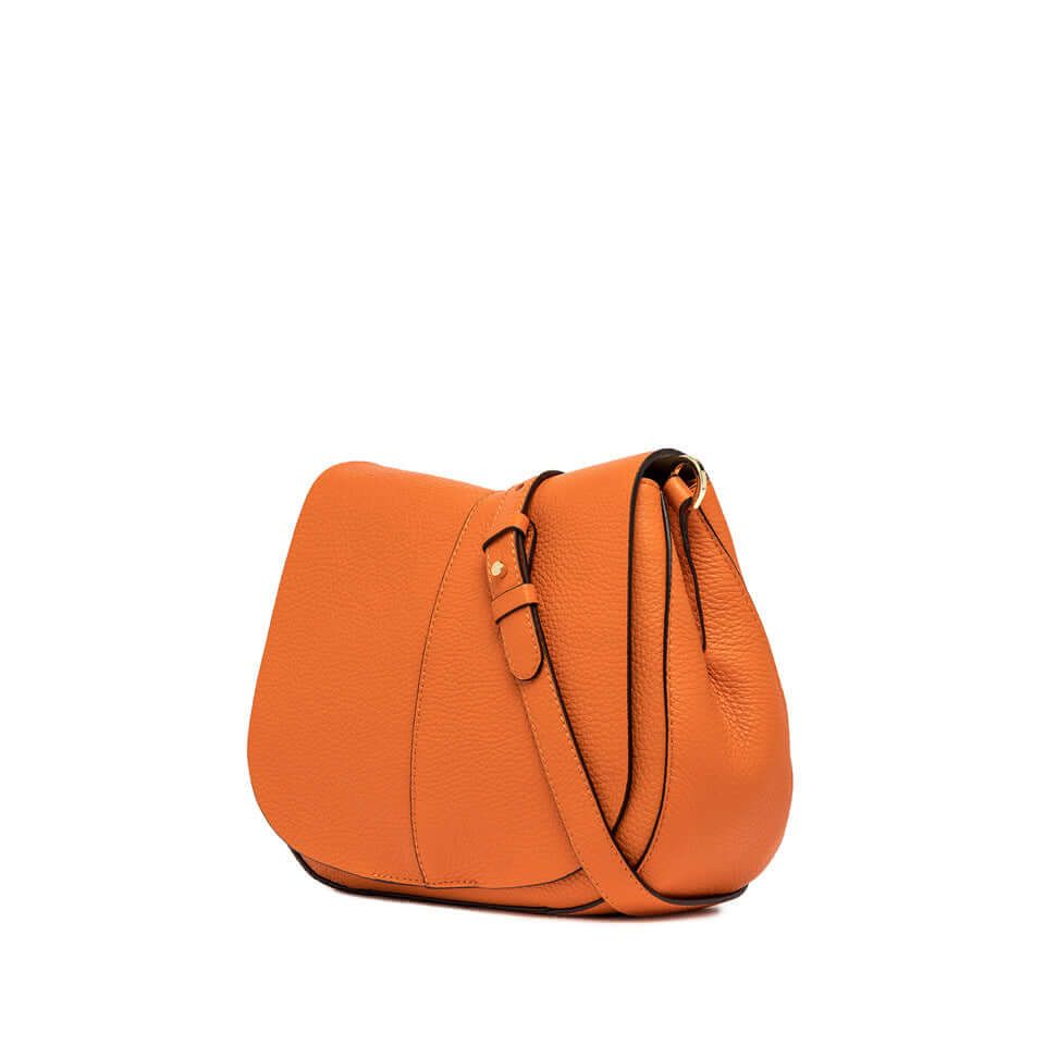 Helena Round crossbody bag in orange, features zip closure and multicolor strap, stylish and functional design.