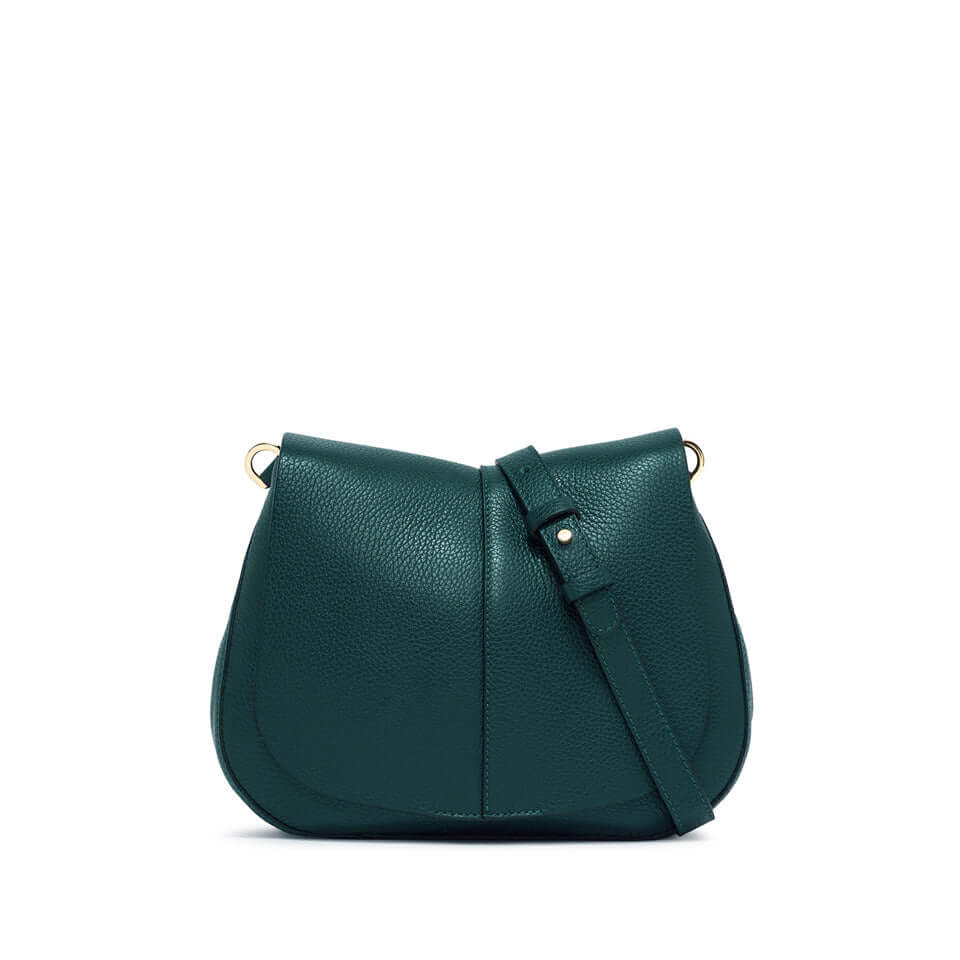 Helena Round bag by Gianni Chiarini in green hammered leather with adjustable strap and structured design.