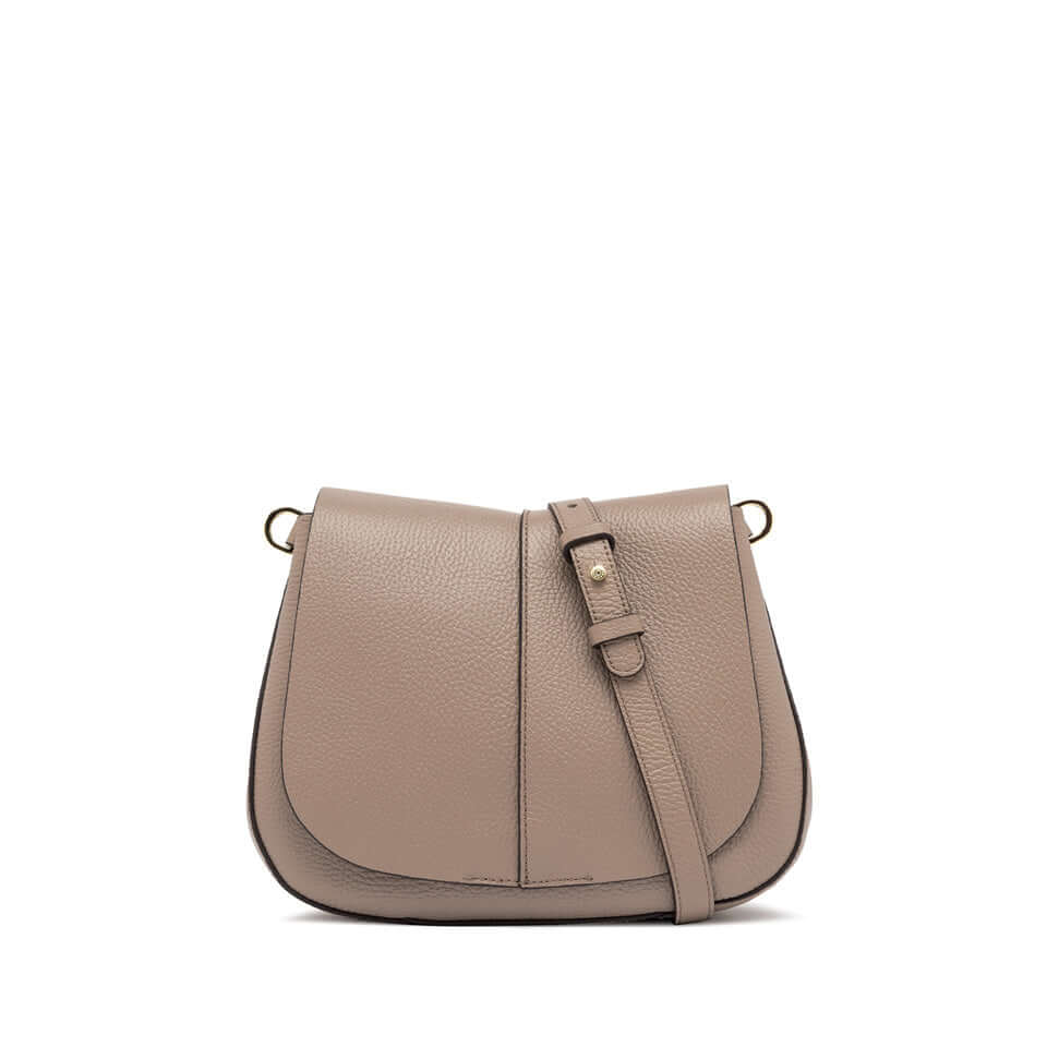 Helena Round shoulder bag by Gianni Chiarini in gray textured leather with adjustable strap and chic design.