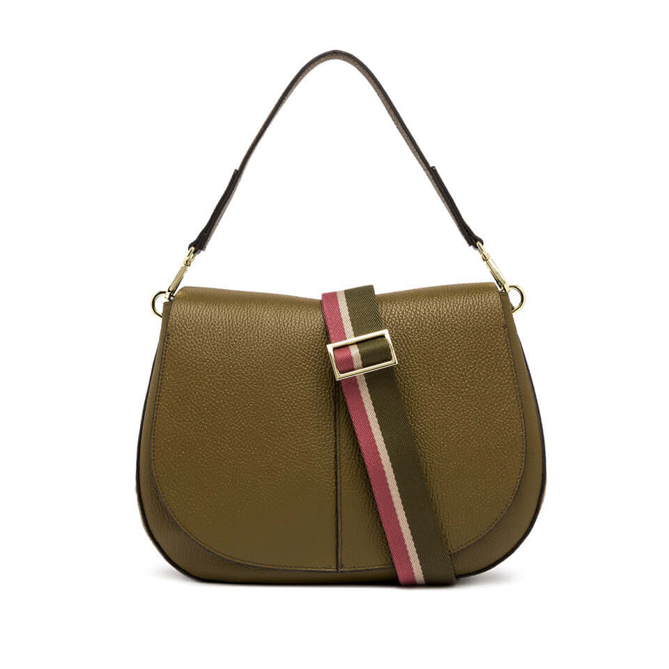Helena Round bag by Gianni Chiarini in green textured leather with adjustable striped strap and elegant design.