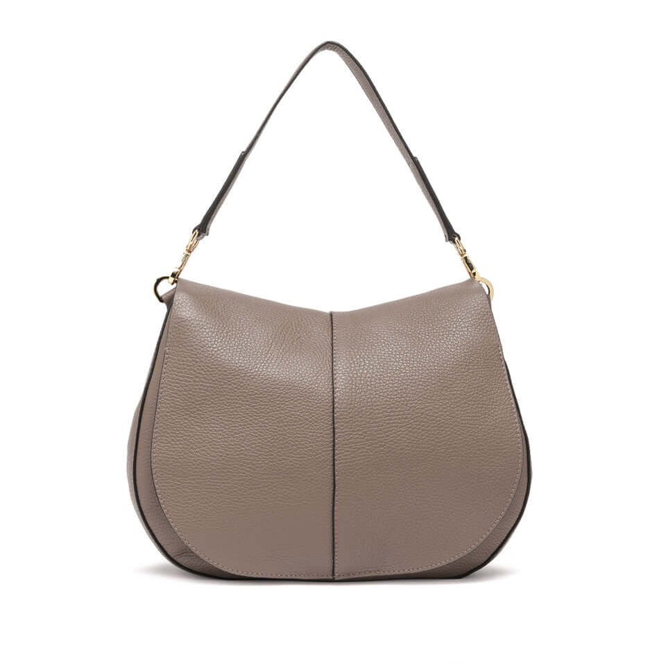 Helena Round bag by Gianni Chiarini in soft taupe leather, featuring a structured design and removable strap.