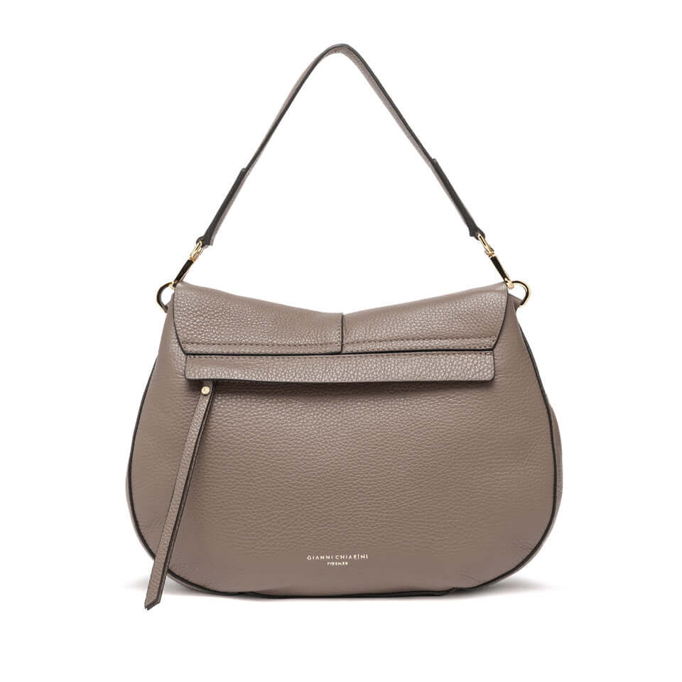 Helena Round leather handbag by Gianni Chiarini in taupe with adjustable strap and structured design.