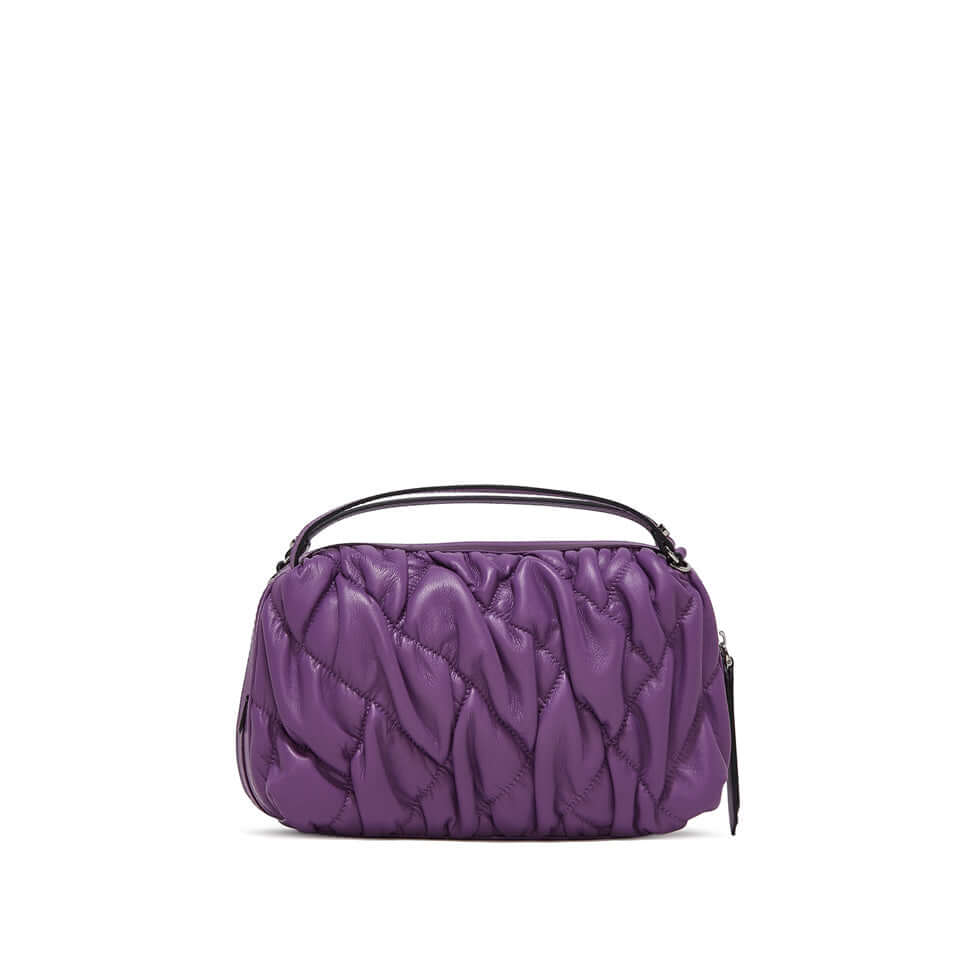 Stylish compact purple handbag with puffy design and double handles, perfect for everyday use.