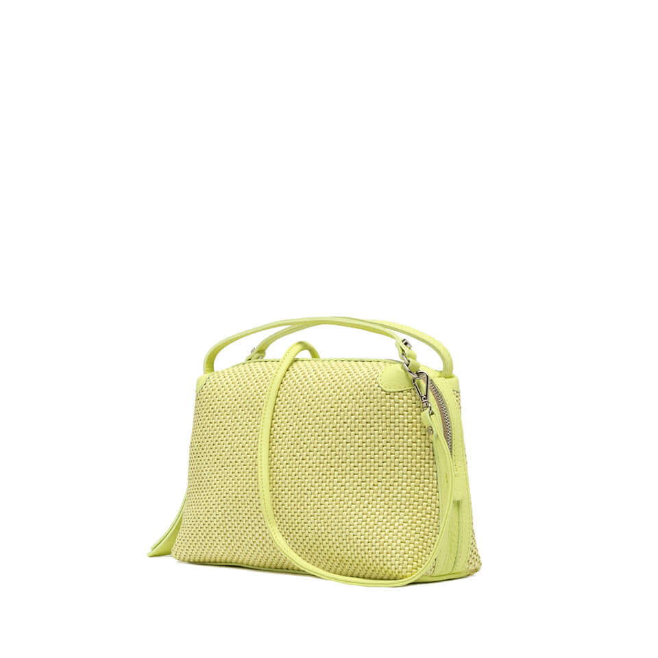 Light yellow Alifa bag by Gianni Chiarini with dual handles and a leather crossbody strap, made of woven straw.