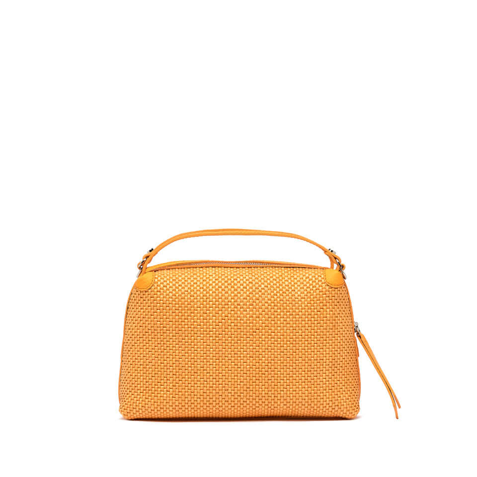 Alifa handbag by Gianni Chiarini in woven straw, compact, lightweight, orange, with double handles and leather strap.