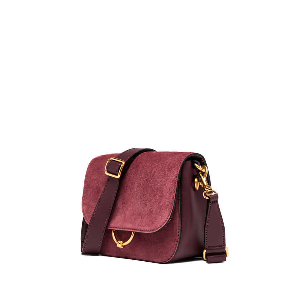 Crossbody bag in burgundy suede with gold metal charm and magnetic closure, dimensions 23x19x9 cm.