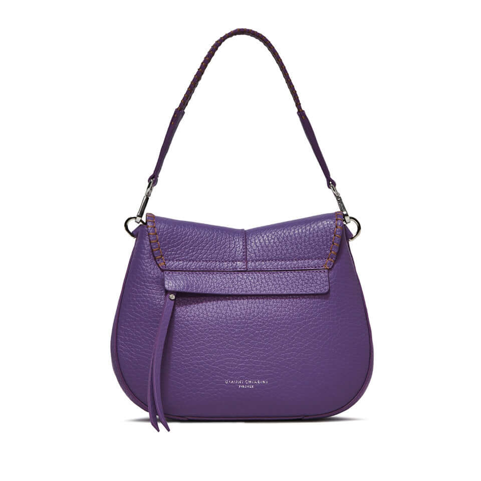 Purple Helena Round bag in hammered leather with adjustable strap and contrasting stitching, featuring double internal compartments.