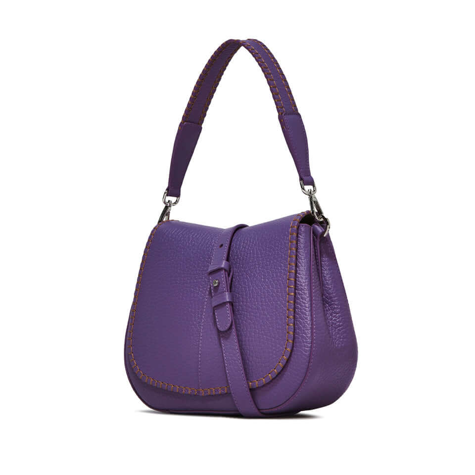 Helena Round bag in purple textured leather with contrast stitching, removable shoulder strap and double compartment.