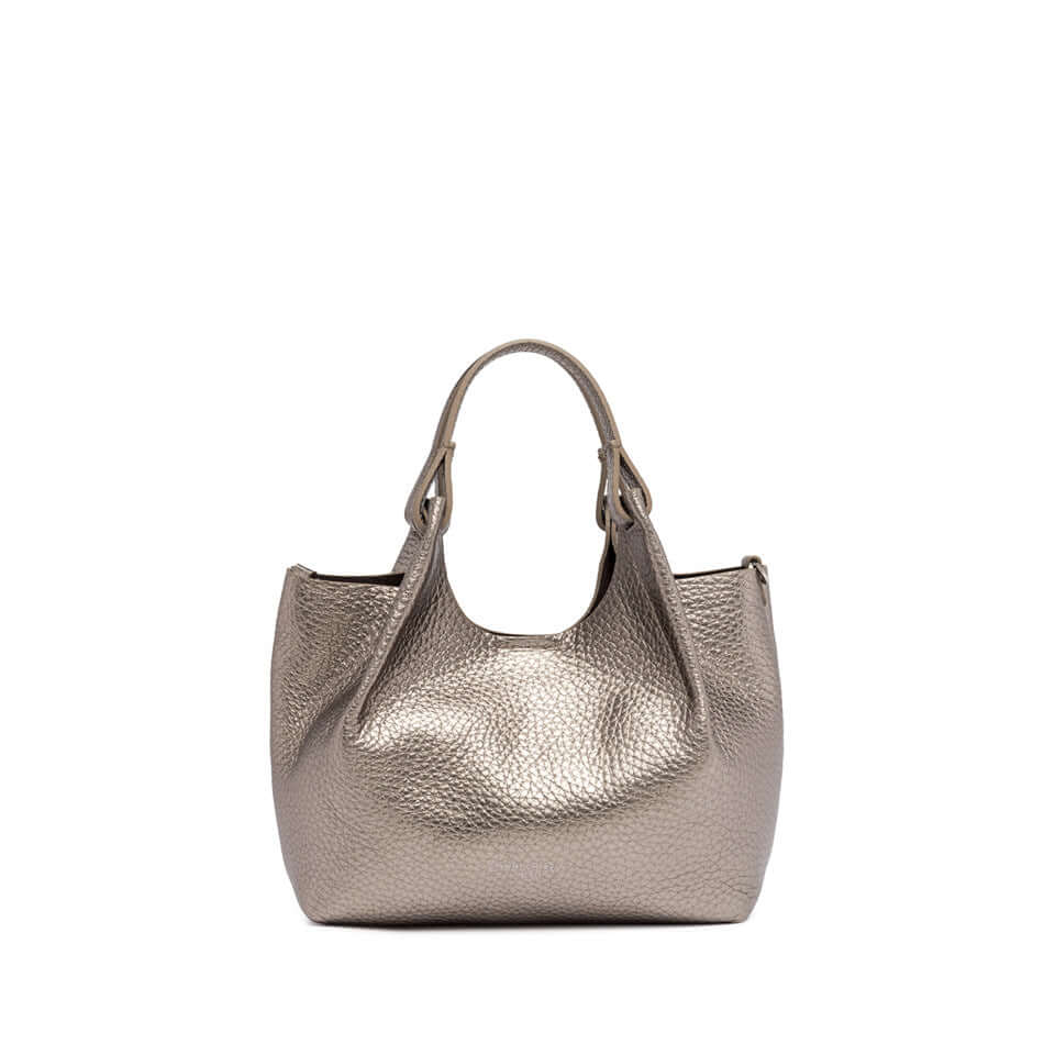 Elegant DUA handbag in maxi double-grain leather with two handles, available in a stunning metallic hue.