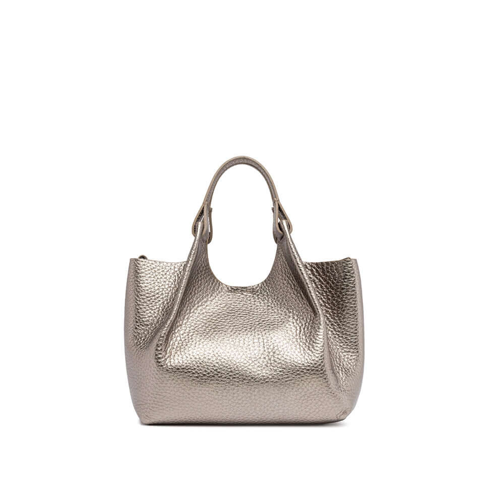 Elegant DUA handbag in metallic leather, featuring two top handles and a magnetic closure.