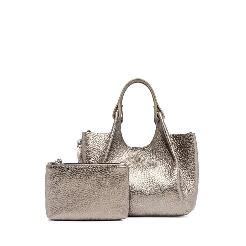 Elegante borsa DUA in pelle double grana maxi colore metallico con pochette coordinata, dimensioni 24x27x12 cm.