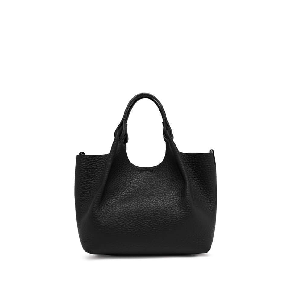 Elegant black leather handbag with double grained texture and two handles, perfect for elevating women's fashion.