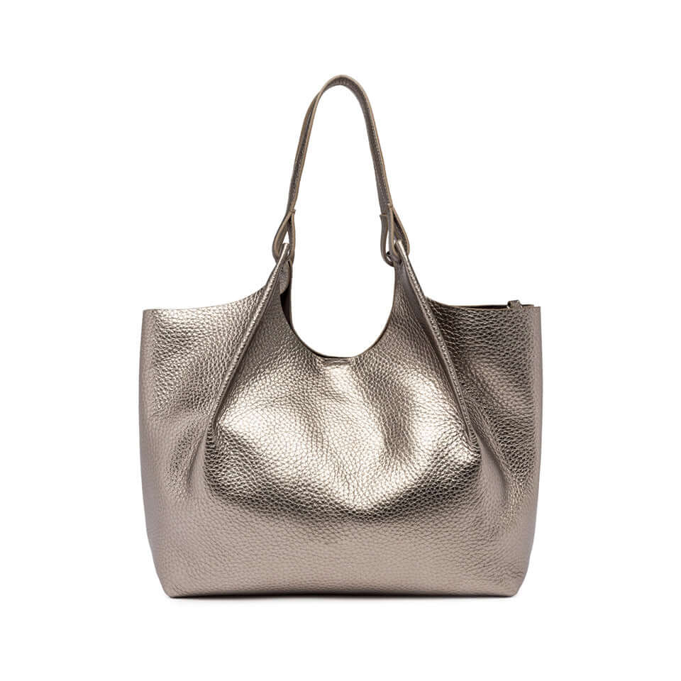 Elegant DUA women's bag in textured metallic leather with two handles and magnetic closure, dimensions 34x38x16 cm.