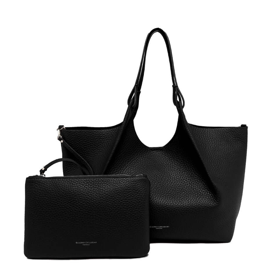 Elegante borsa nera in pelle double grana con pochette coordinata, design pratico e sofisticato, ideale per ogni occasione.