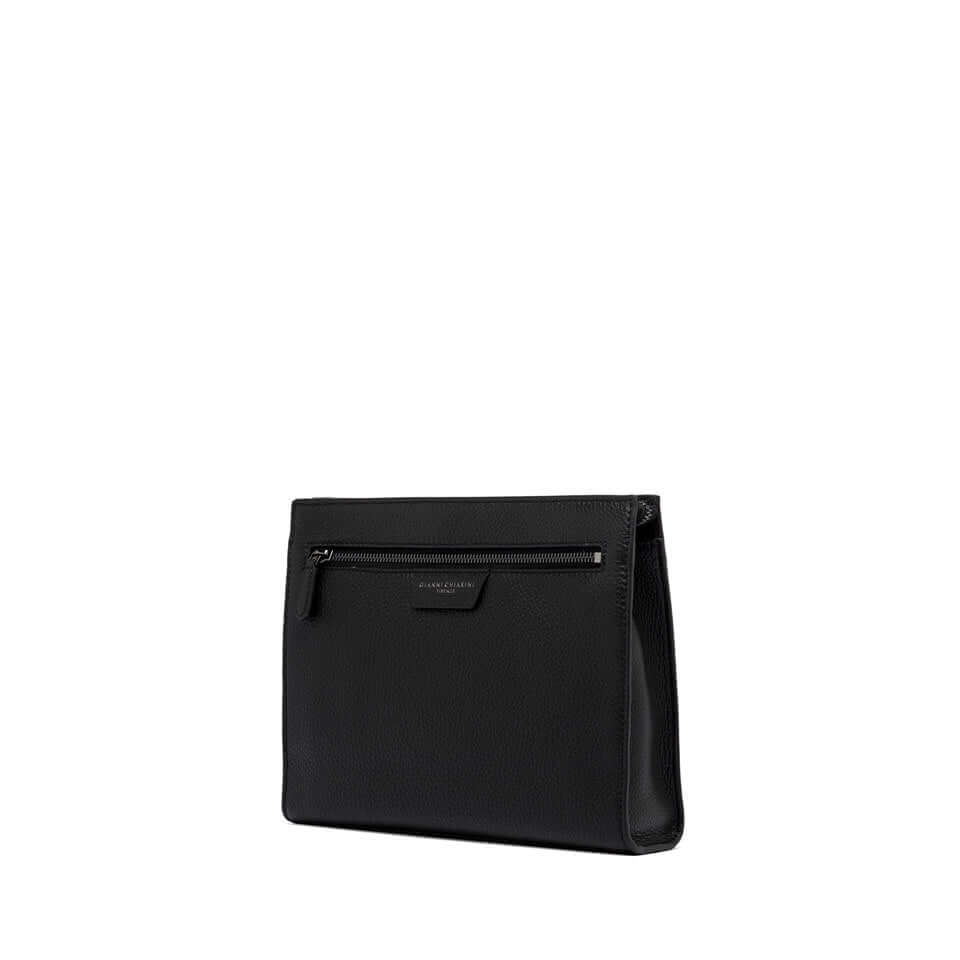 FLORENCE black pochette in maxi grain leather with zip closure and front pocket, minimal contemporary design.