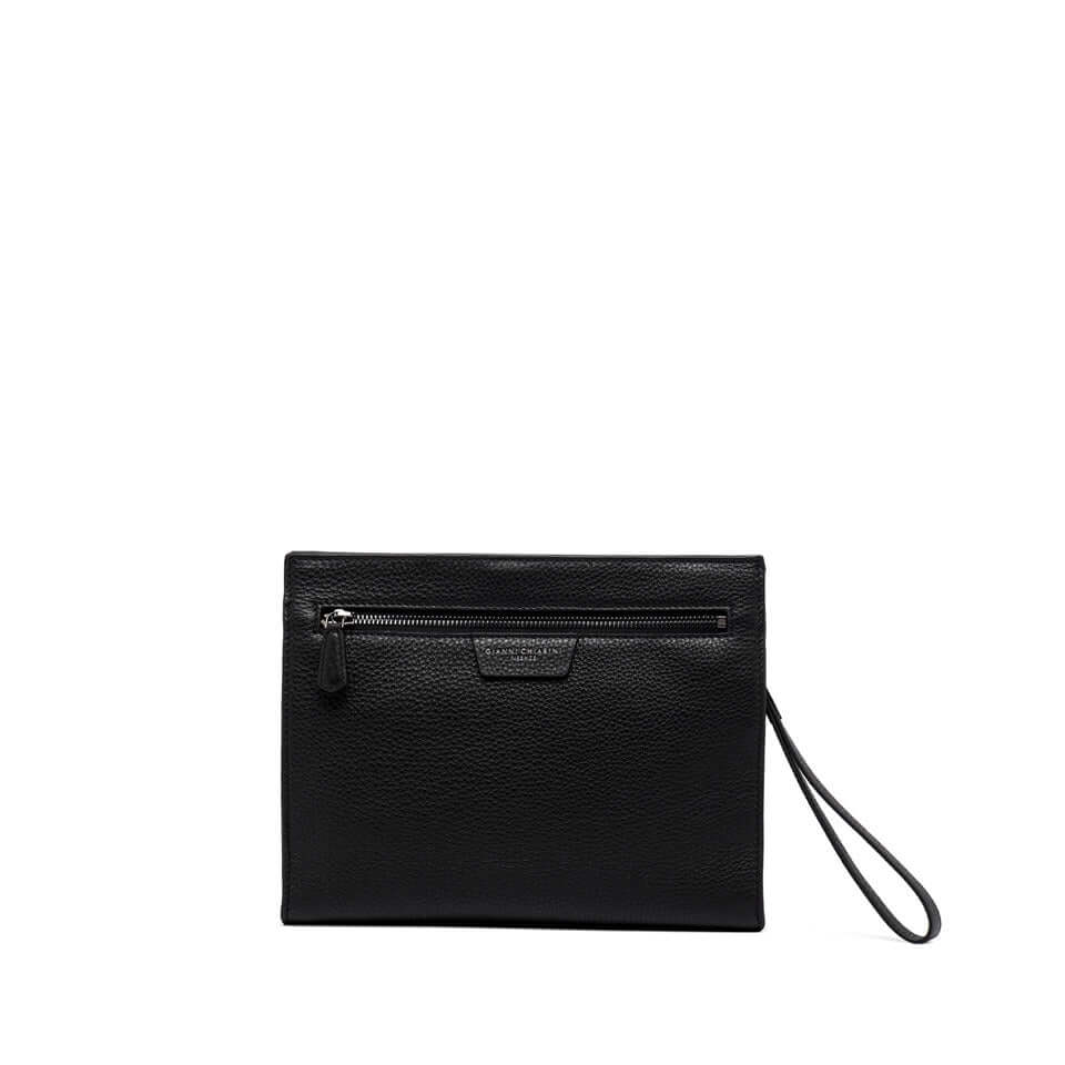 Minimalist black leather pochette with zip pocket, ideal for modern style, dimensions 22x15x3 cm.