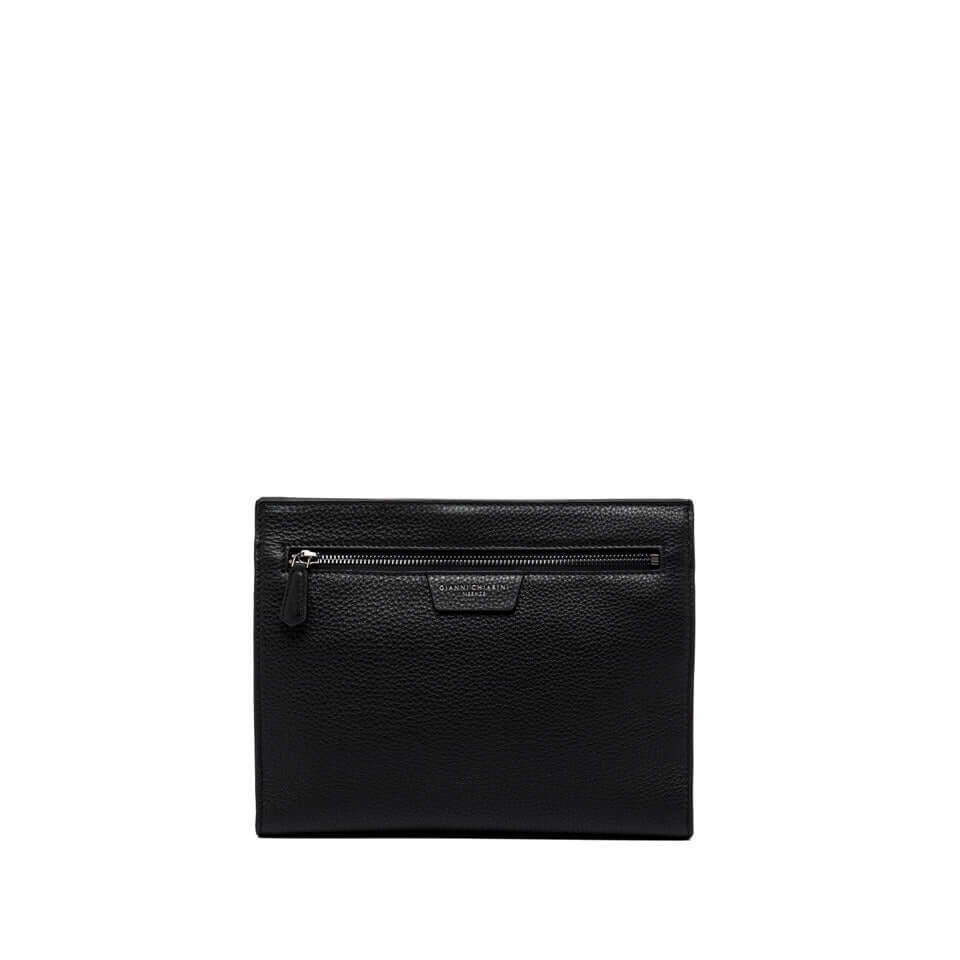 FLORENCE minimal leather pochette, contemporary design with main zip compartment and front pocket, black color, 22x15x3 cm.