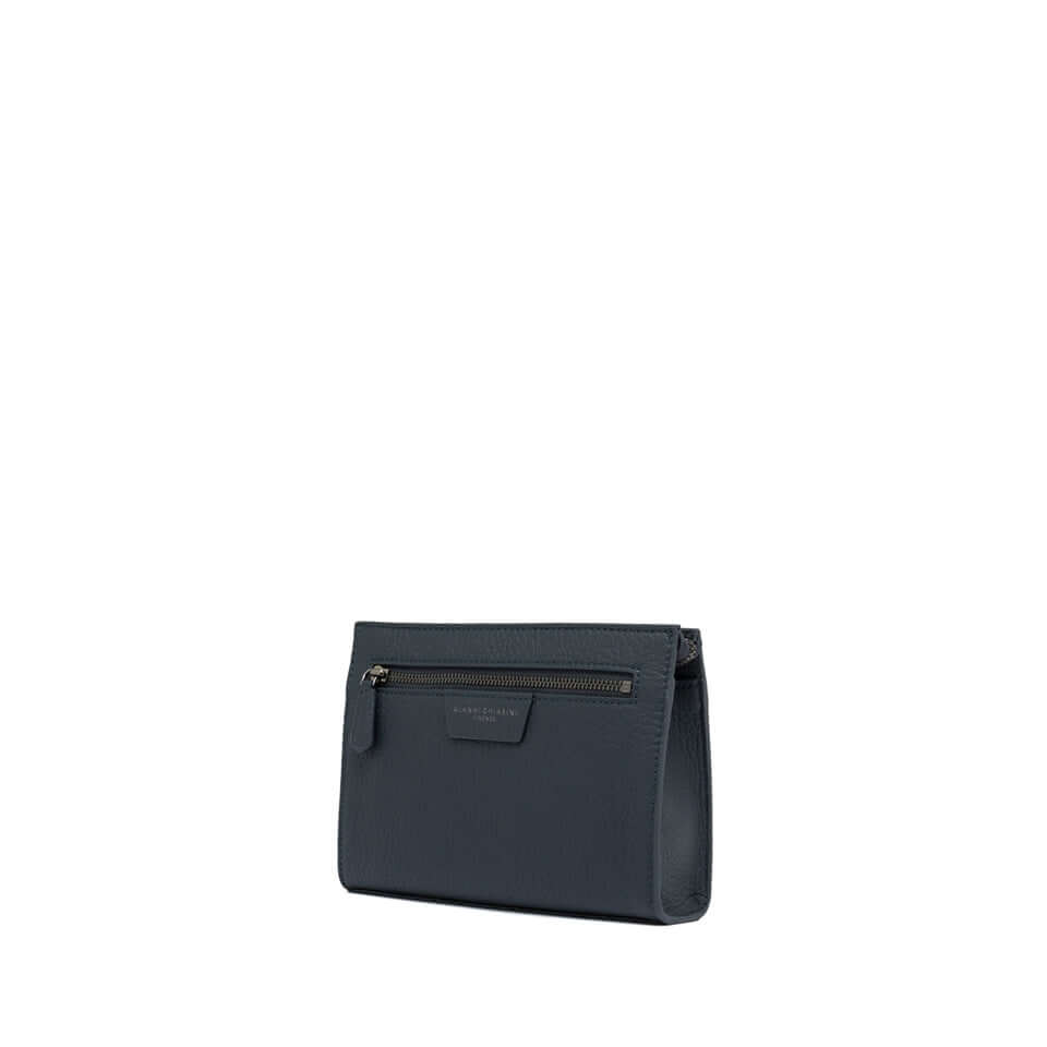 FLORENCE minimalistic leather pochette in dark color with zip closure and front pocket, size 22x15x3 cm.