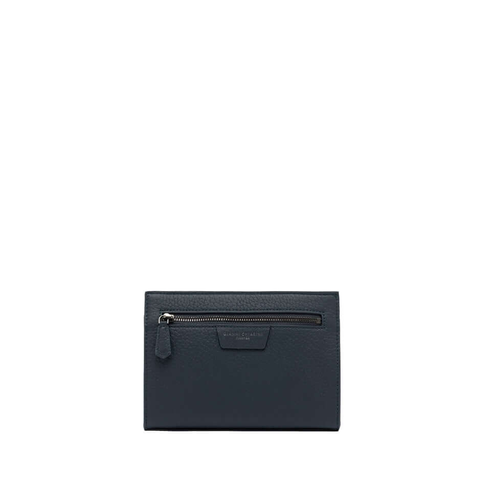 FLORENCE minimal leather pochette with zip closure and front pocket, dimensions 22x15x3 cm, modern style for men.