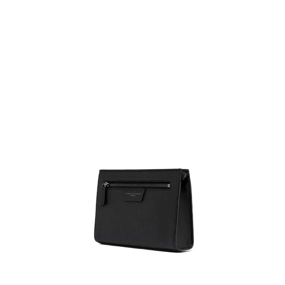 FLORENCE black minimal pochette bag in maxi grain leather with zip closure and front pocket, dimensions 22x15x3 cm.