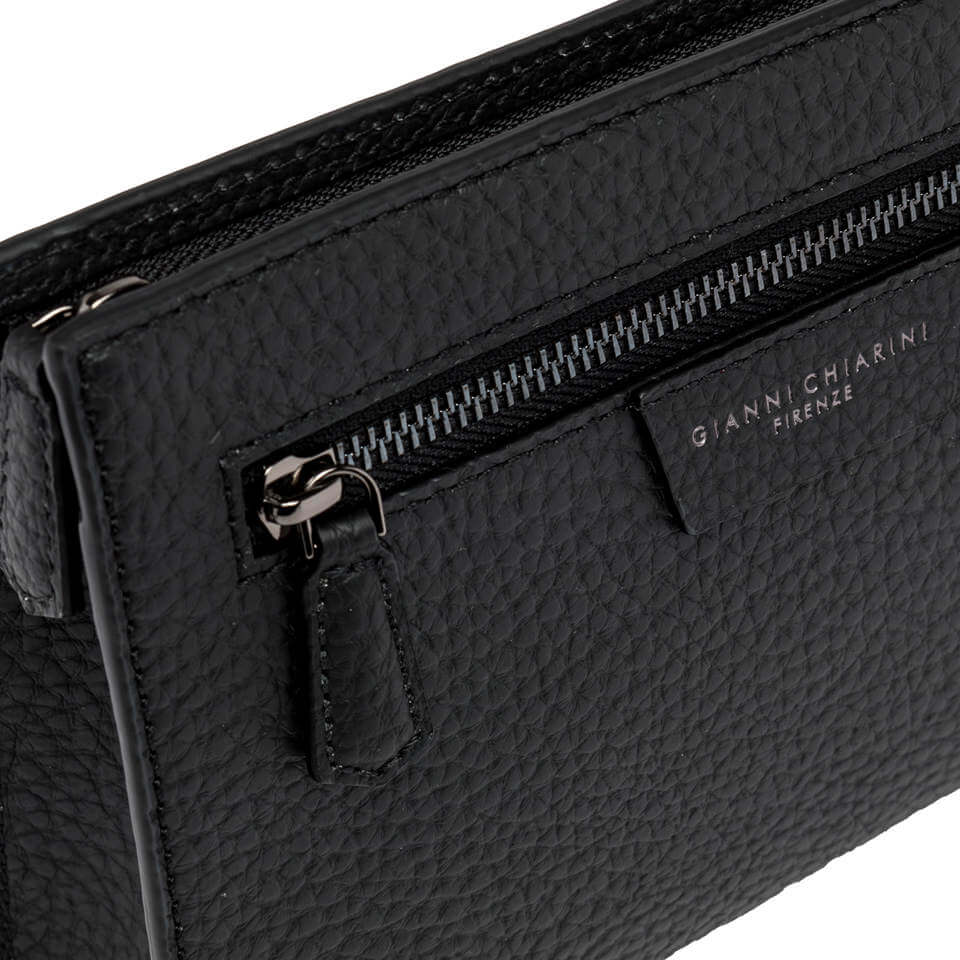 Black leather pochette with zip closure and textured finish, designed for a modern, timeless style.