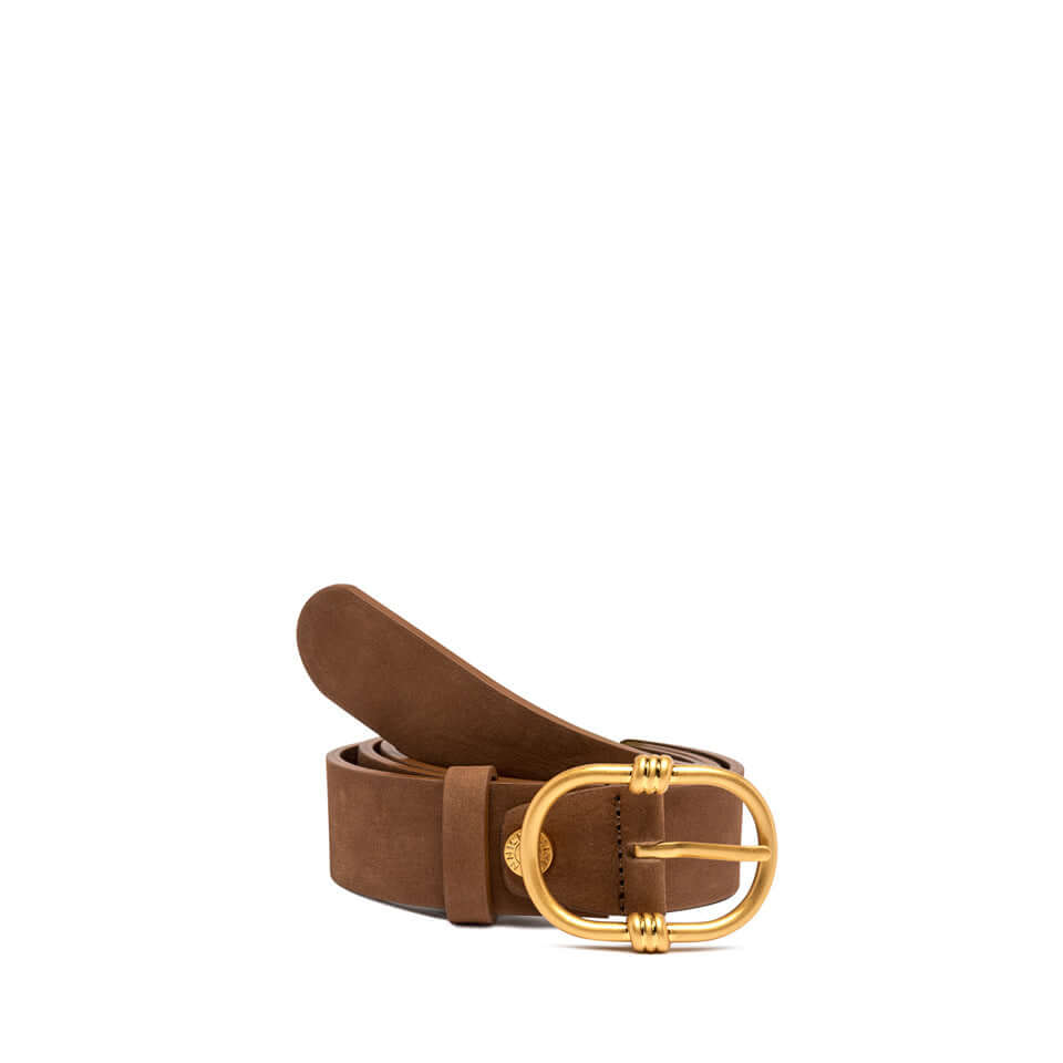 Cintura in pelle nabuk 3,5 cm con fibbia logata in metallo, accessorio versatile per look casual ed eleganti.