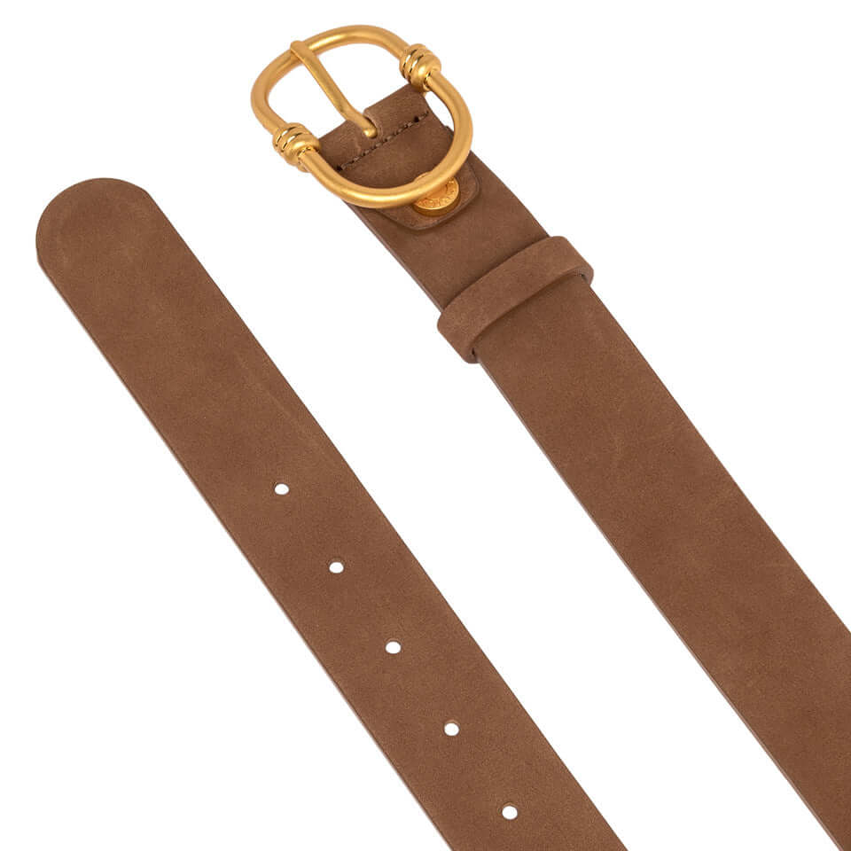 Cintura in pelle nabuk 3,5 cm marrone con fibbia dorata, ideale per look casual ed eleganti.