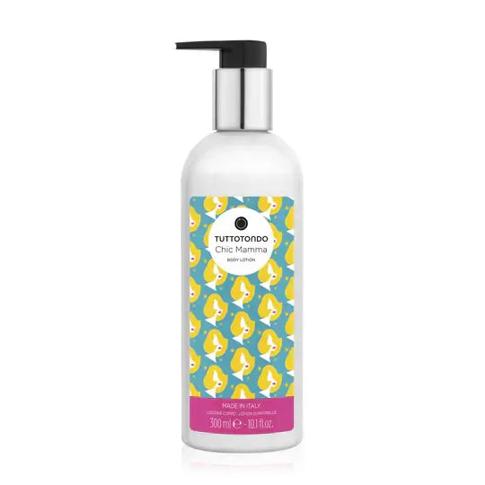 Chic Mamma body lotion by TuttoTondo in a 300ml bottle with colorful packaging, paraben and mineral oil free.