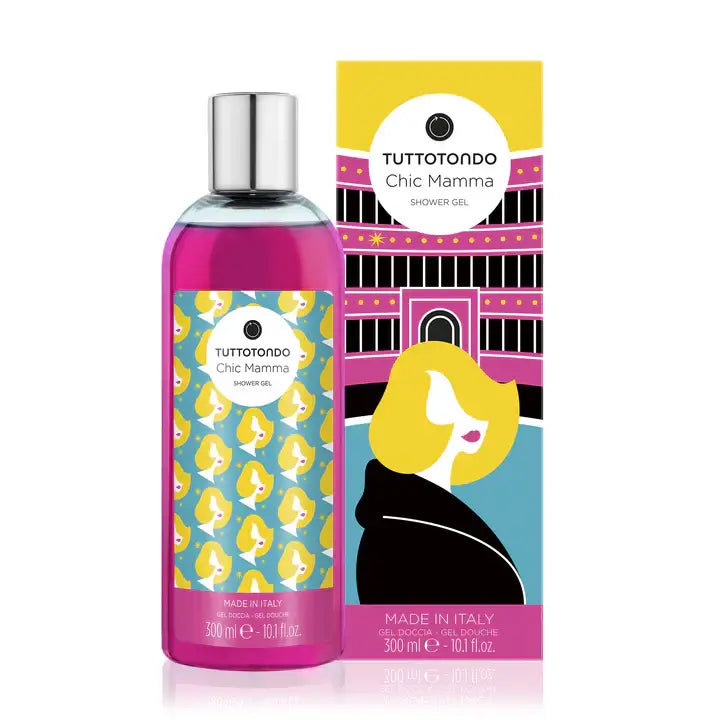 Chic Mamma shower gel by Tuttotondo, featuring a vibrant bottle and colorful packaging, made in Italy.