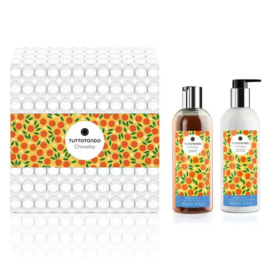 Chinotto Kit with shower gel and body lotion in a vibrant packaging featuring chinotto citrus design.