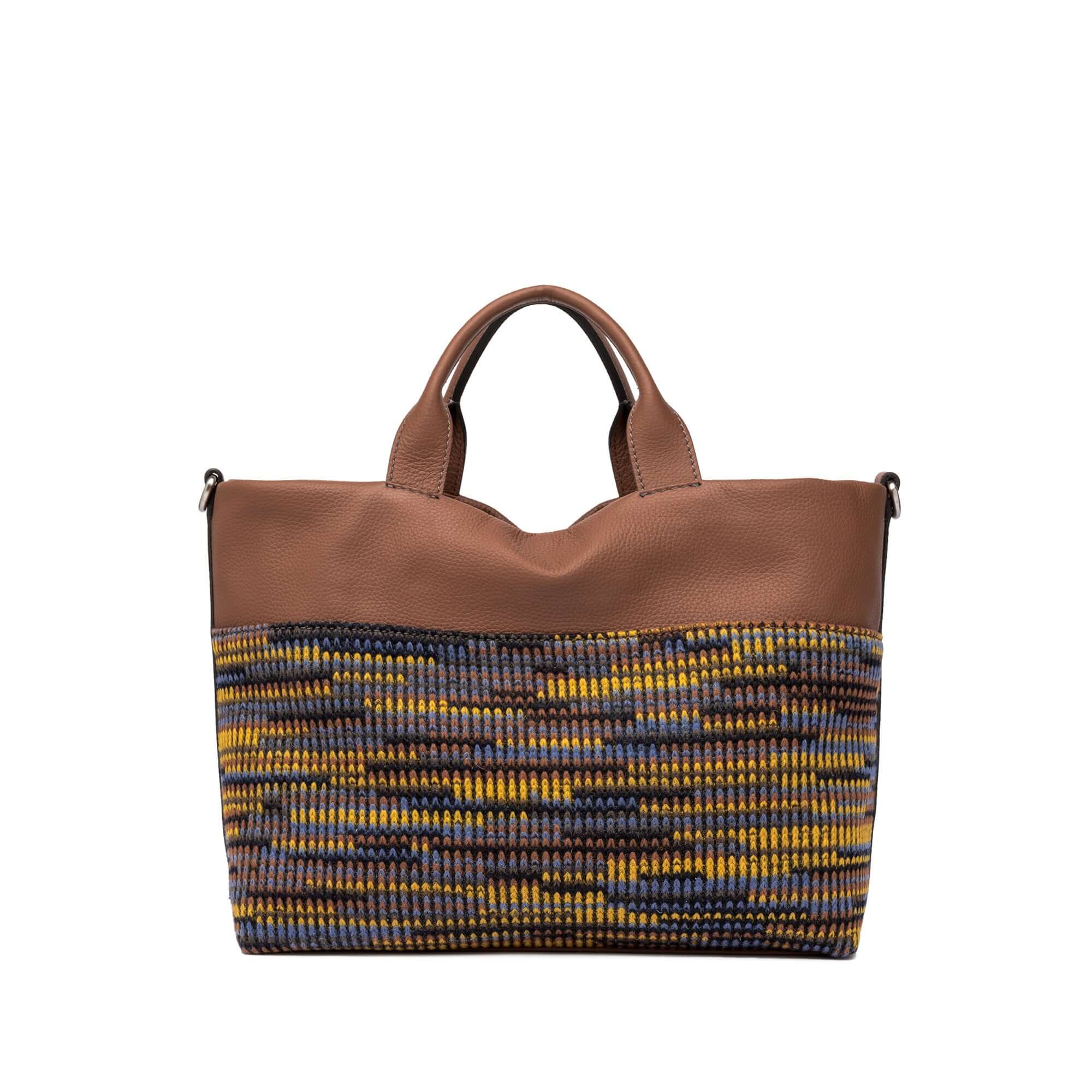 DUNA tote bag in multicolor with leather trim, featuring zip pockets and classic A-shape design, dimensions 35x31x17 cm.