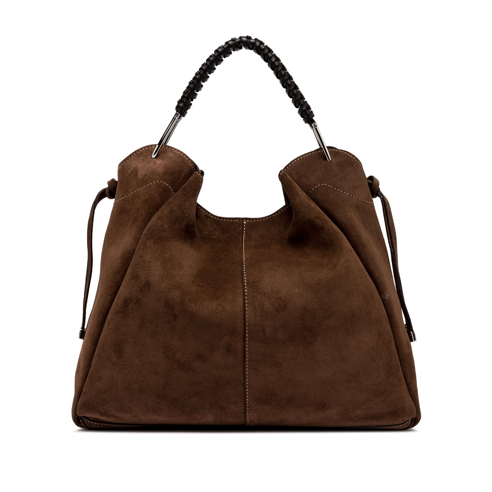 Gianni Chiarini Era bag in brown suede with braided leather handle and removable pouch, stylish and sporty design.