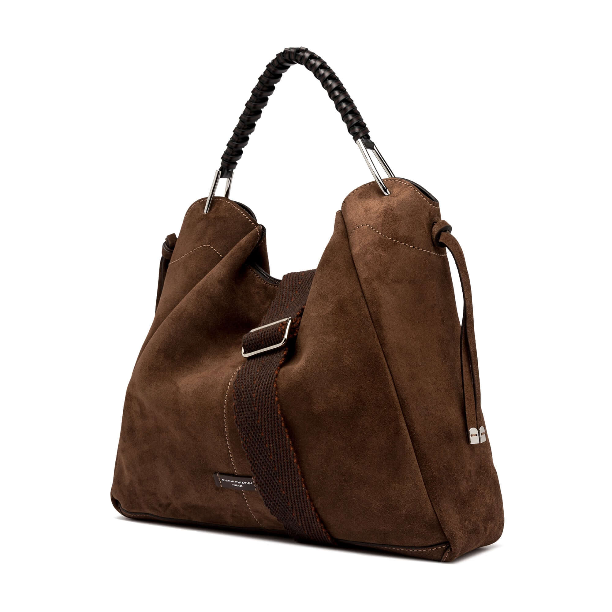 Era bag by Gianni Chiarini in brown suede with a braided handle and removable pouch, 39x29x10 cm.