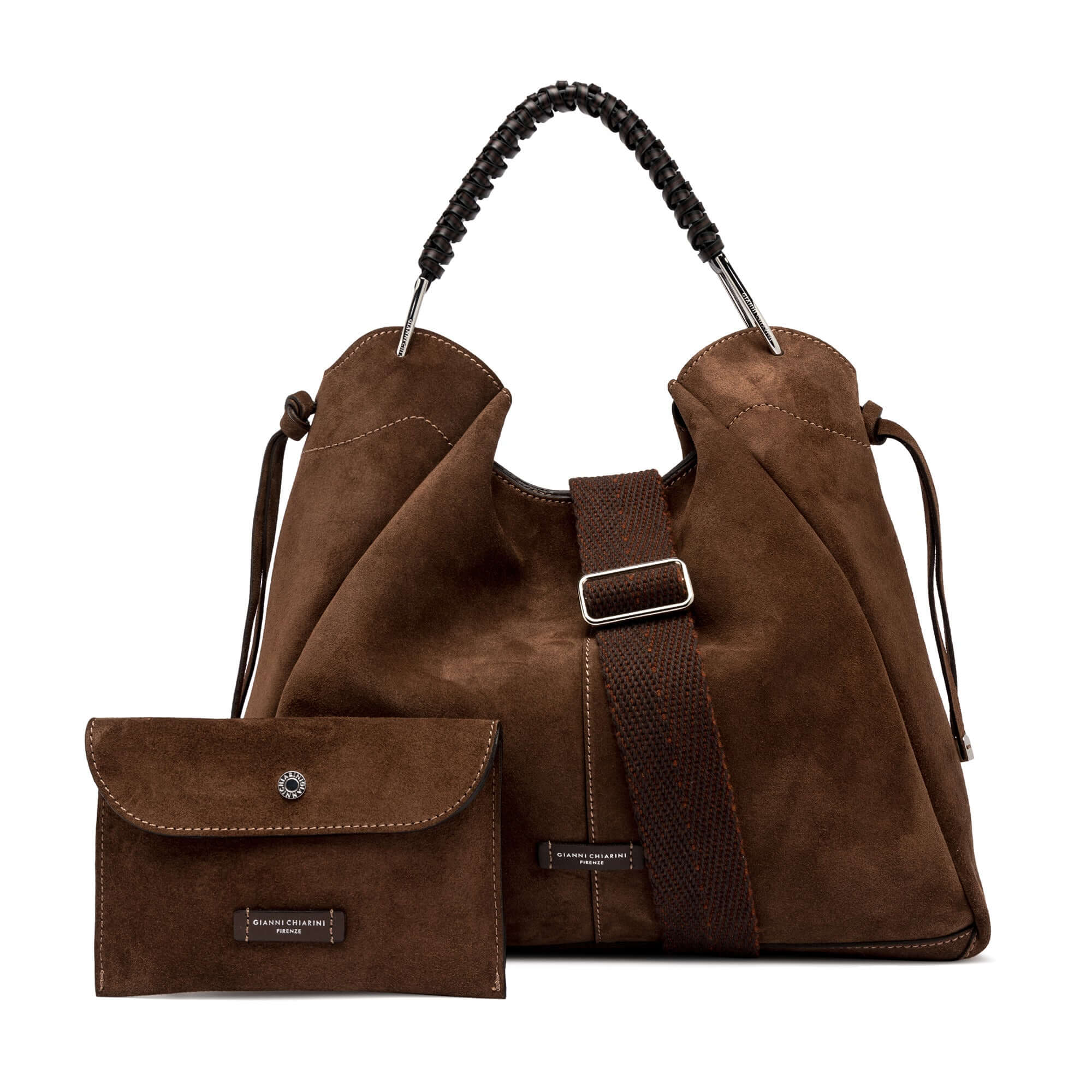 Brown suede bag by Gianni Chiarini with woven leather handle and removable pouch, stylish and versatile.