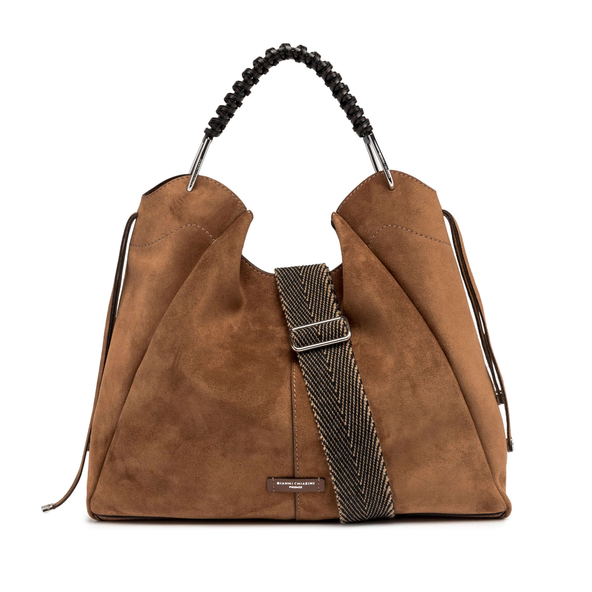 Gianni Chiarini Era bag in brown suede with braided handle and adjustable fabric strap, stylish and versatile.