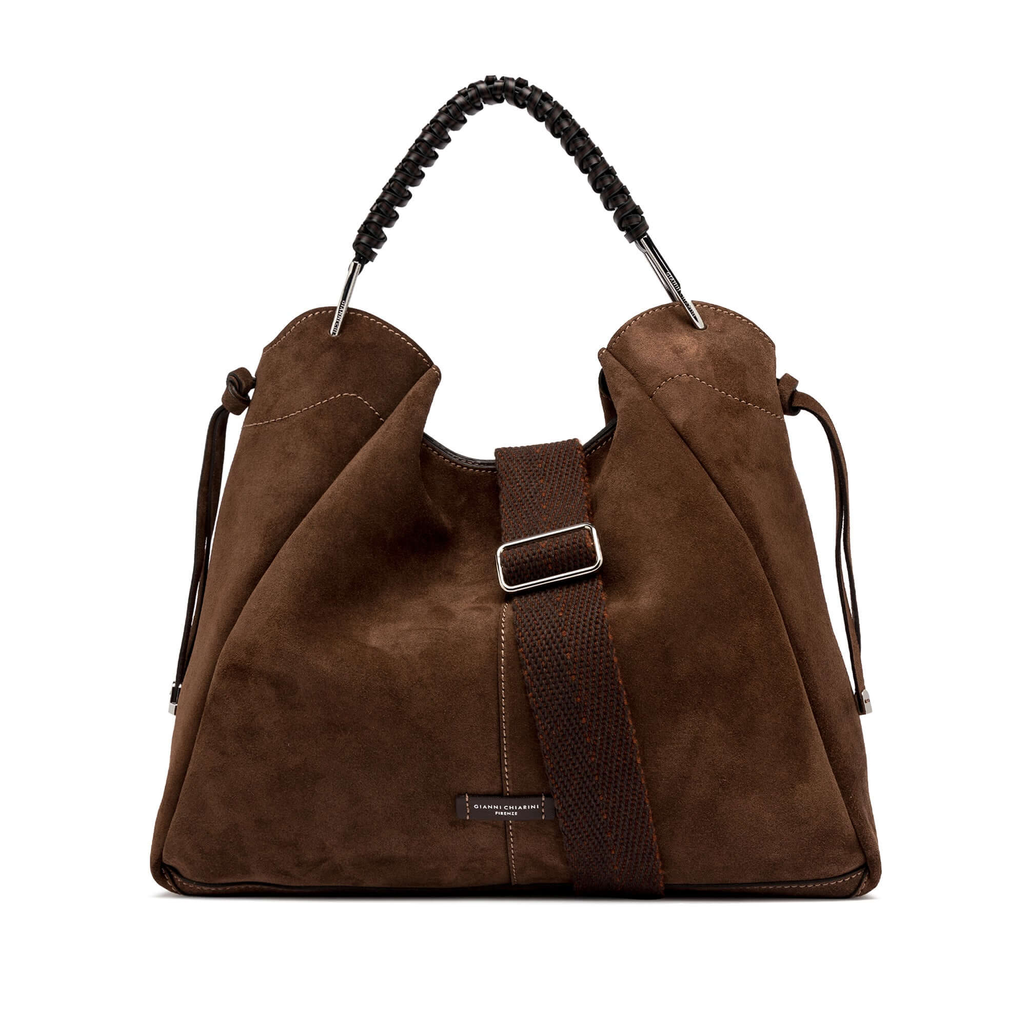 Brown suede handbag by Gianni Chiarini with woven handles and detachable strap, measuring 39x29x10.