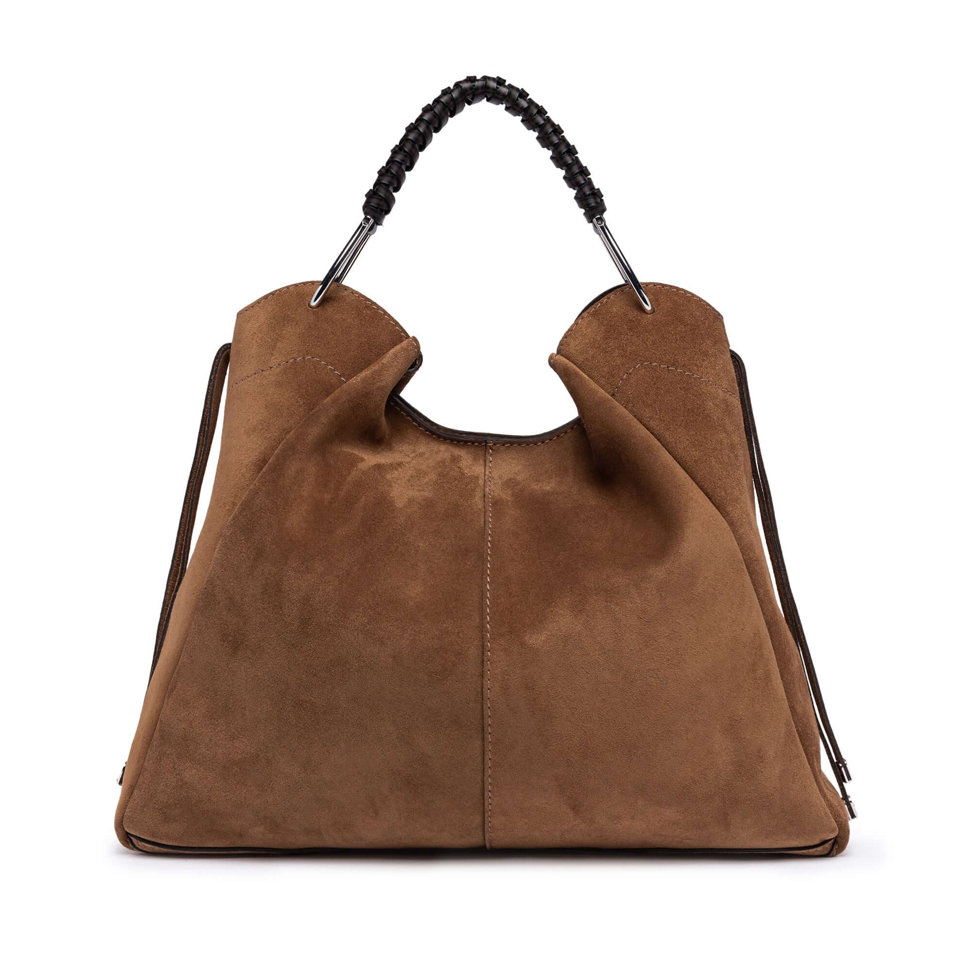 Brown suede handbag by Gianni Chiarini with braided handle and removable pouch.