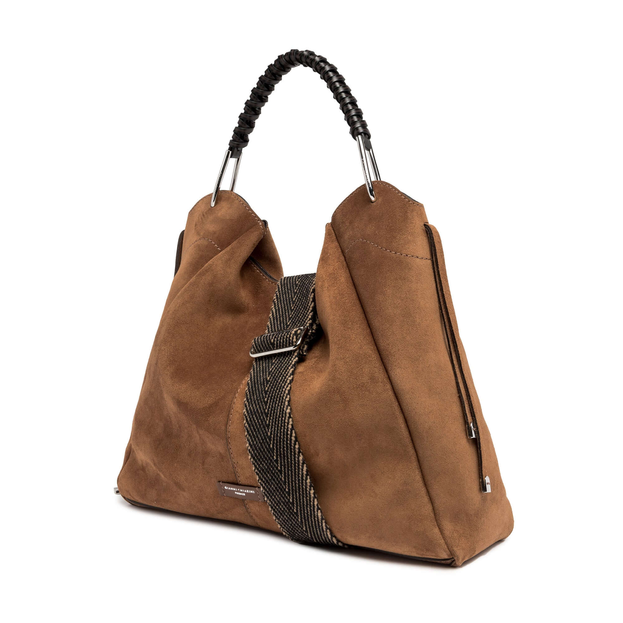 Gianni Chiarini Era bag in brown suede with woven leather handle and fabric strap, dimensions 41x36x12 cm.