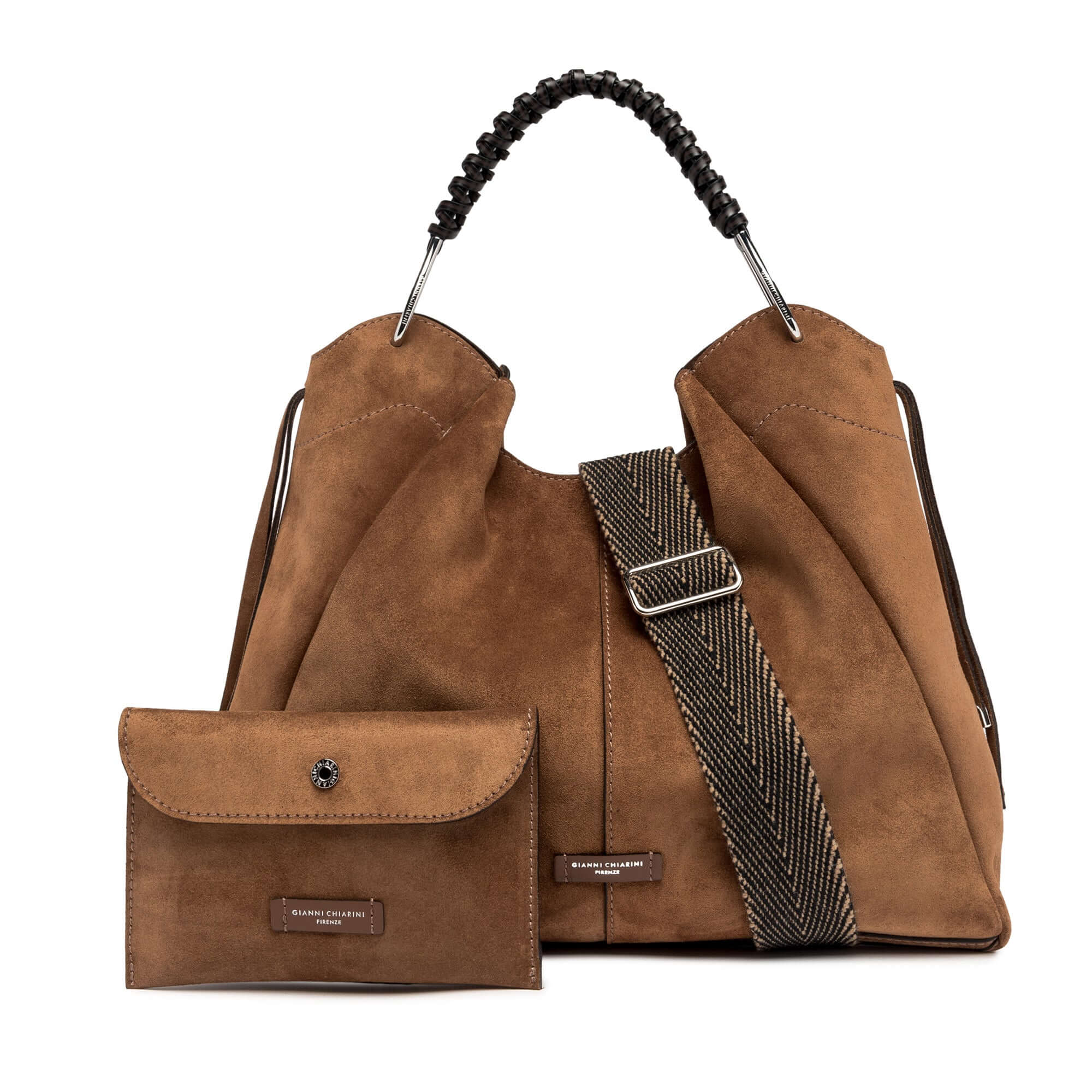 Gianni Chiarini Era bag in brown suede with braided handle and detachable pouch, ideal for sport chic styling.