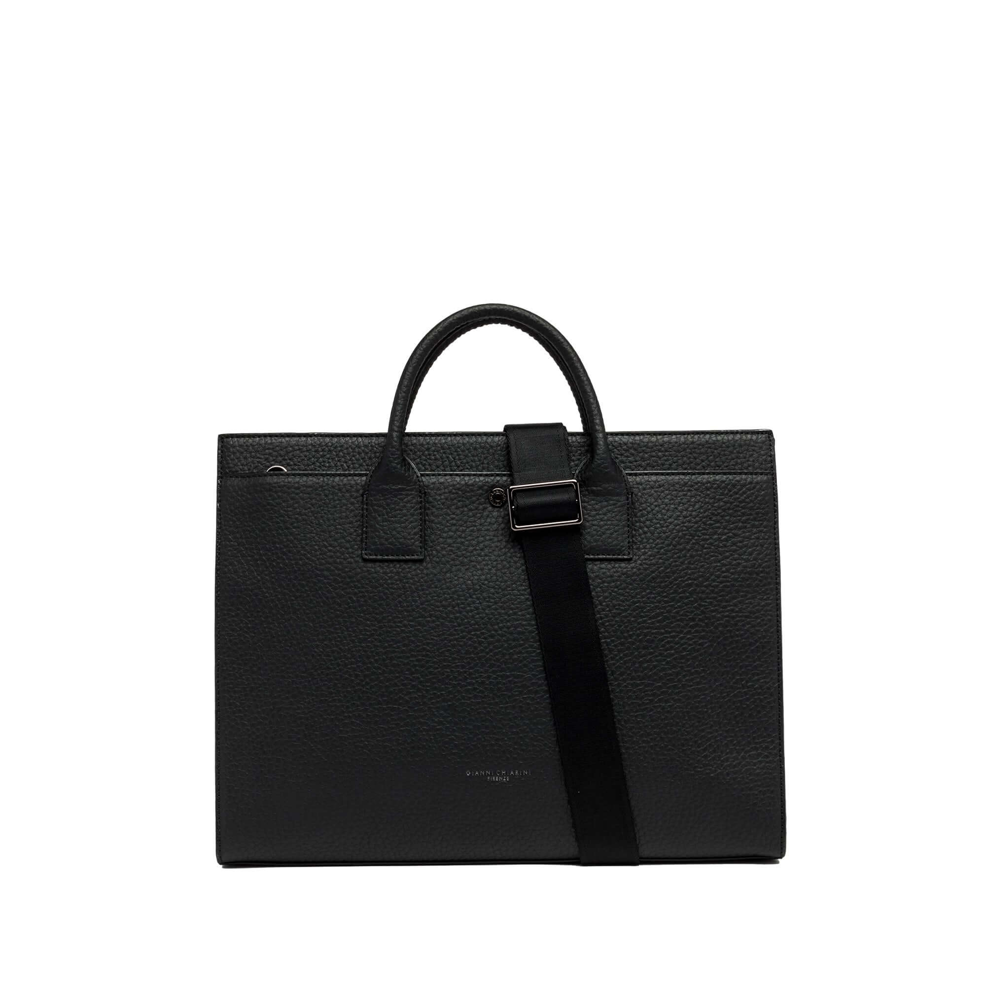 FLORENCE black leather bag with top handles and adjustable strap, perfect for a timeless style.