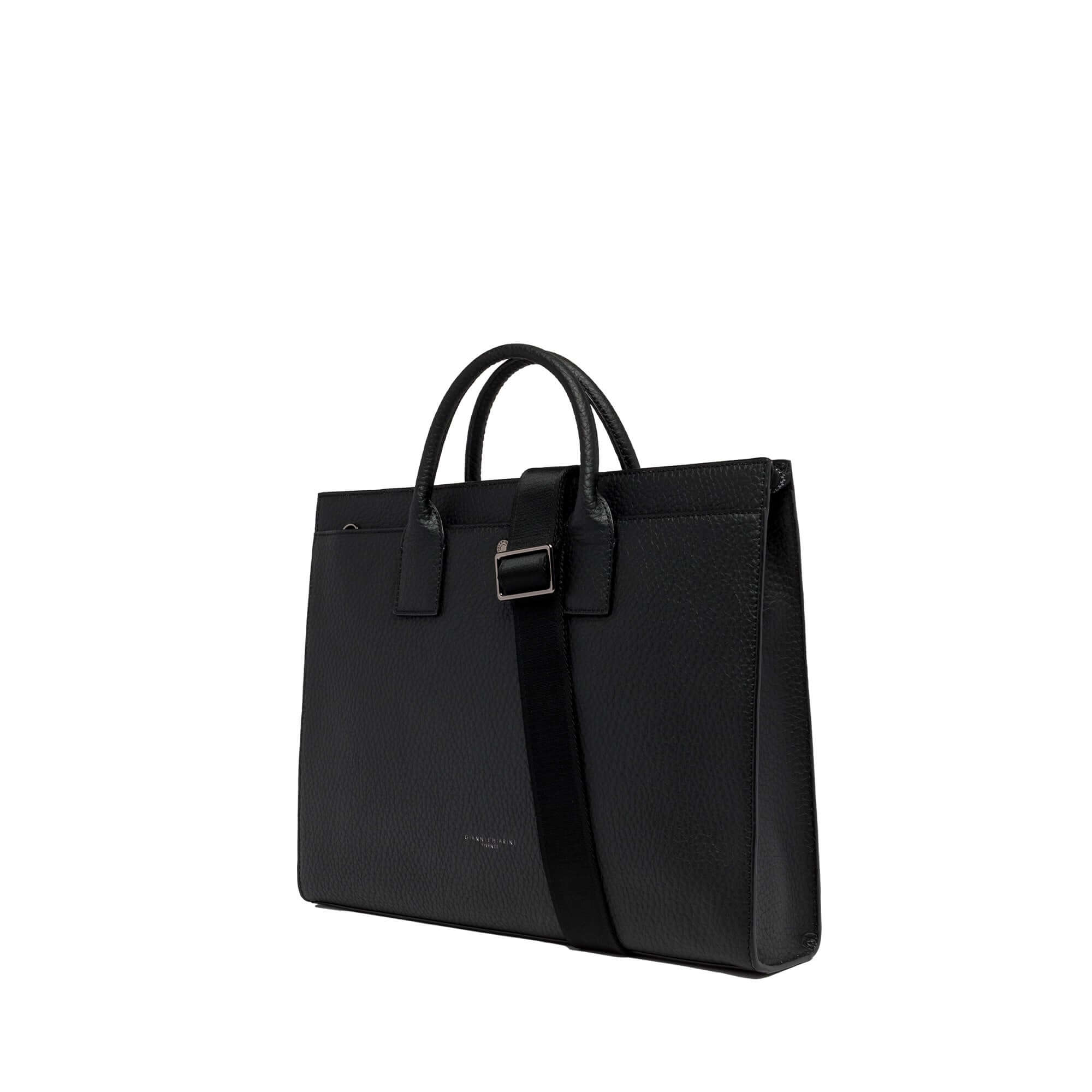 Elegant black leather bag with dual handles and adjustable strap, perfect for modern professionals.
